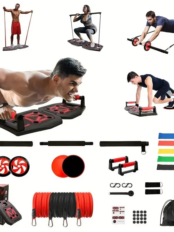 Home Gym Exercise Equipment - Portable Workout System 17 Fitness Accessories 9 In1 Push Up Board Set, Resistance Bands with Pilates Bar Strength Training Abs Shoulders Back Butt product image (12)