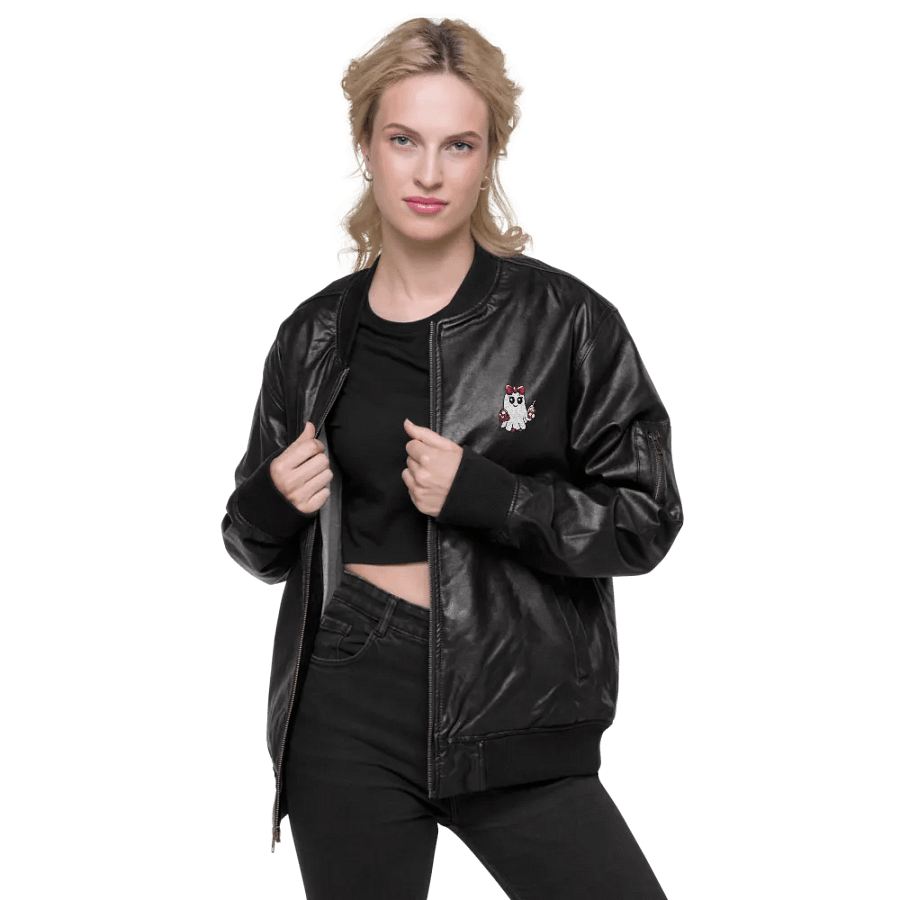 Cute Ghost Embroidered Faux Leather Bomber Jacket product image (2)