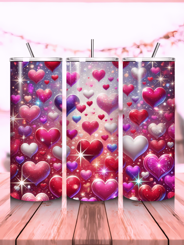Glitter Pink Hearts Valentine 20 oz Skinny Tumbler Wrap – sublimation PNG design, instant digital download product image (1)