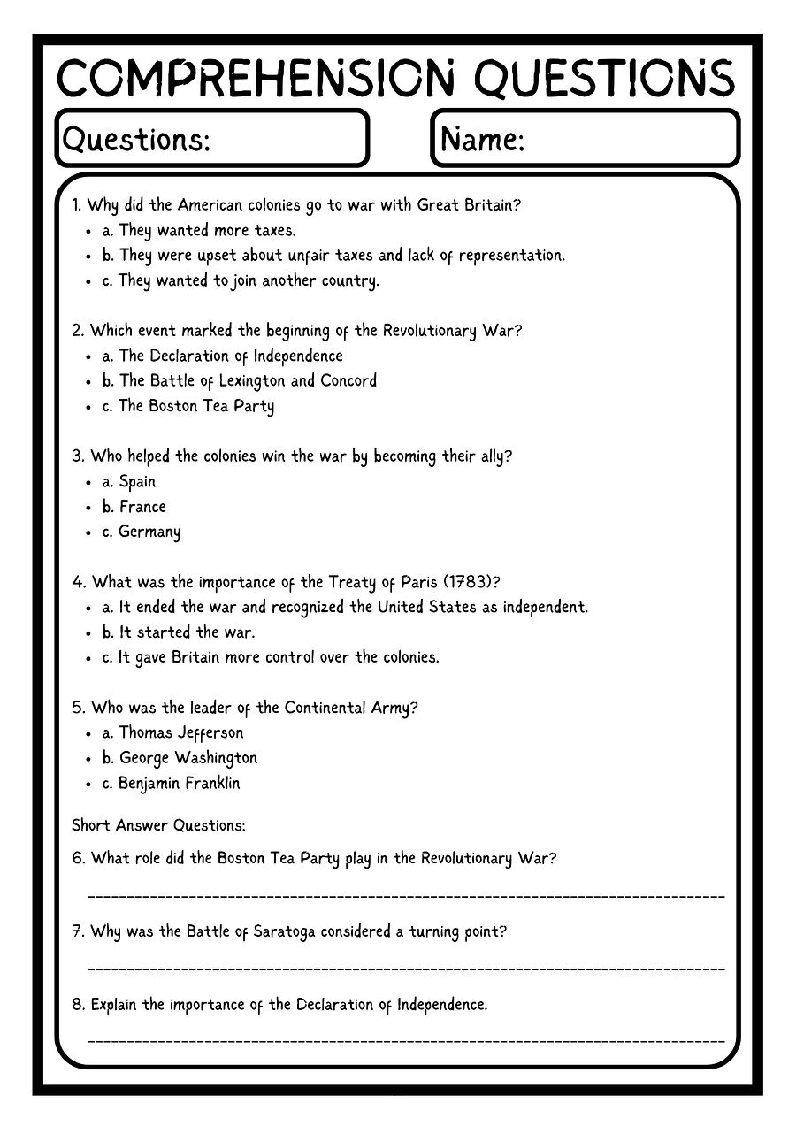 the American Revolutionary War READING COMPREHENSION WORKSHEET WITH 8 QUESTIONS PDF product image (3)
