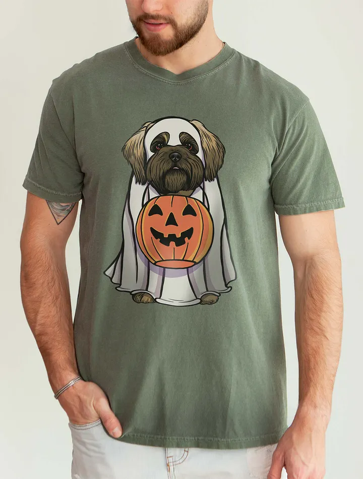 Funny Halloween Shih Tzu(Brown Mask) T-Shirt | Funny Dog Wearing a Ghost Costume and Holding a Pumpkin Basket product image (5)