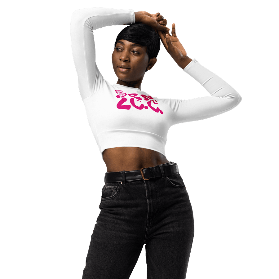 BOURNE to Cape Cod™ Crop Top | BRN.2C.C.™ Coastal Bold | Recycled Long Sleeve Statement Wear 🌊💃☀️ | Vibrant Pink Logos on White product image (3)