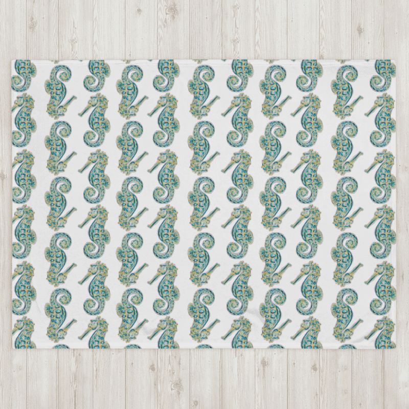 Painted Seahorses on White | Cozy Coastal Throw Blanket | by Monique Faella Designs™ product image (2)
