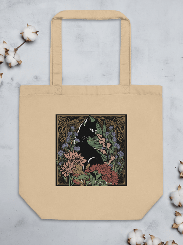 Custom Drawn Art Nouveau Black Cat With Flowers Eco-Friendly Canvas Tote Bag product image (3)