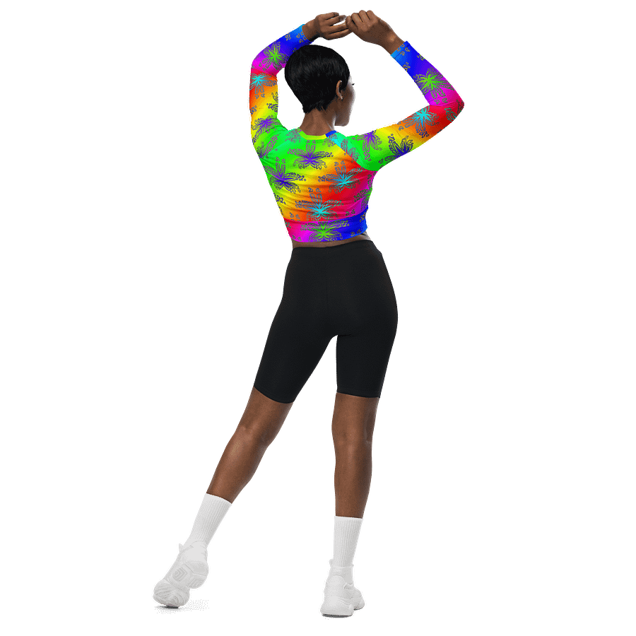 Reefer Rainbow Rave Recycled Long-Sleeve Crop Top, 420 Festival Fashion, Summer Stoner Shirt, Cannabis Queer Pride LGBTQIA+ Art Clothing product image (6)