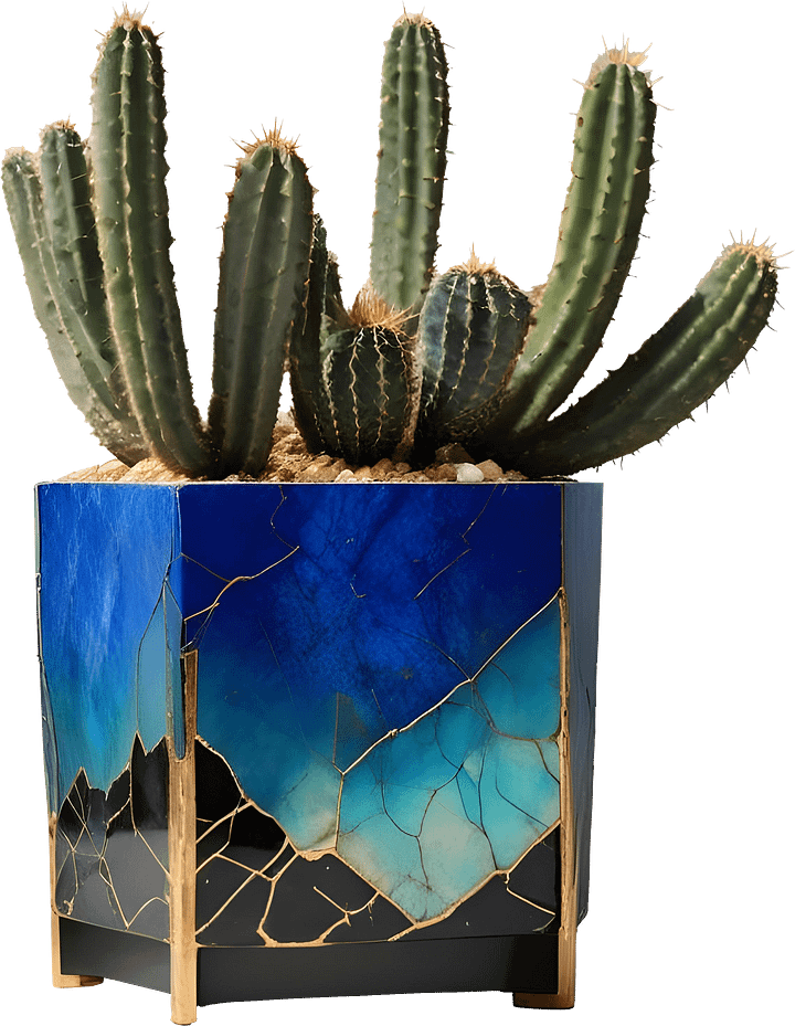 Kintsugi Elegance – Blue Gradient Planter with Gold Repair PNG product image (1)