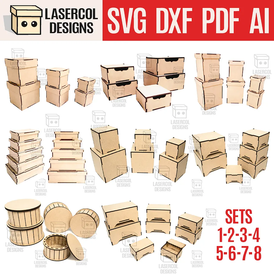 Boxes Bundle (Set 1-2-3-4-5-6-7-8) - Laser Cut Files product image (1)