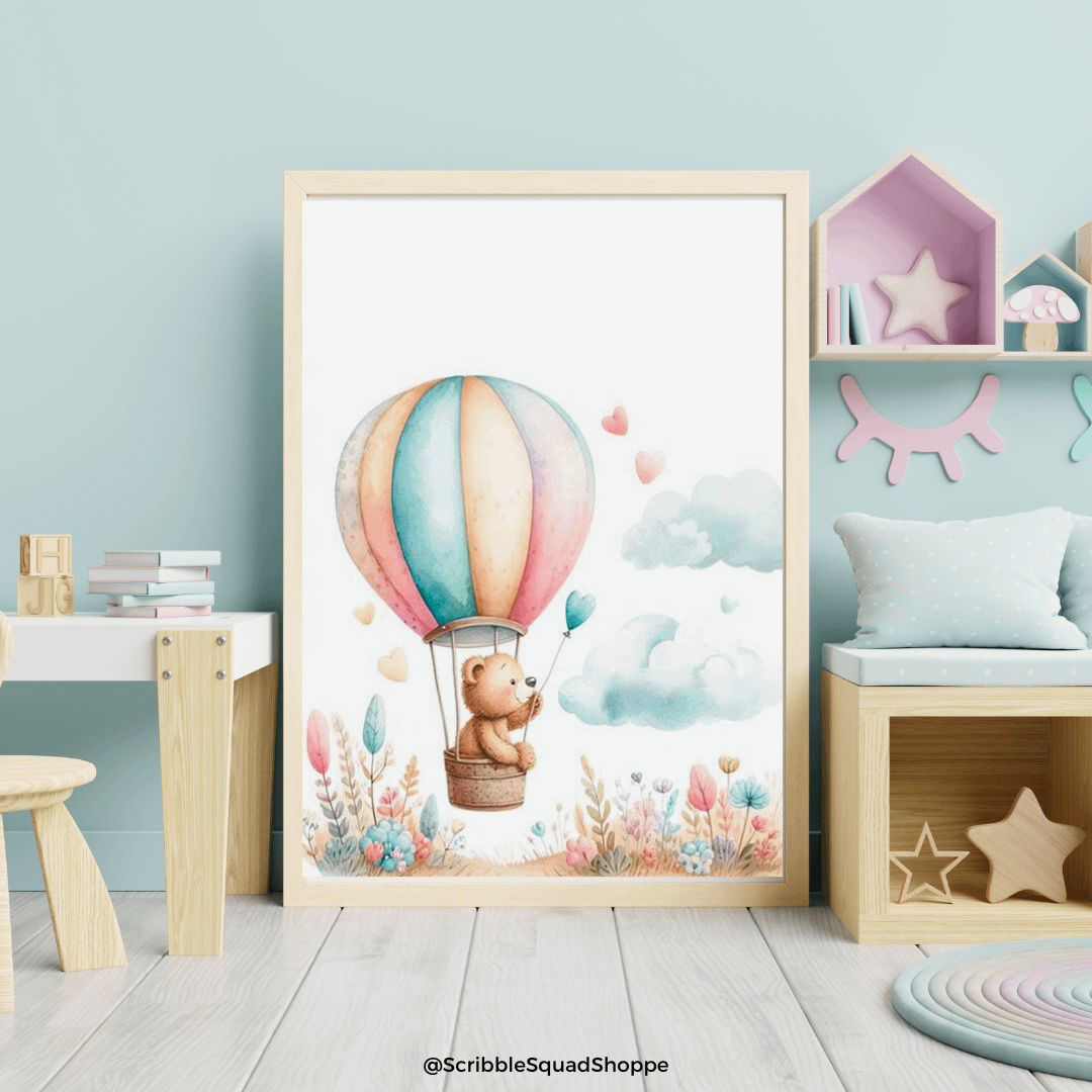 Whimsical Hot Air Balloon Teddy Bear Digital Wall Art - Nursery Decor, Playful Kids' Room Artwork product image (1)