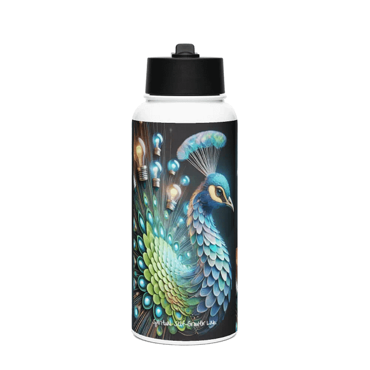"Bloom of Ideas" – Illuminated Peacock Feather Stainless Steel Water Bottle for Spiritual Growth and Inspired Reflection Side product image (1)
