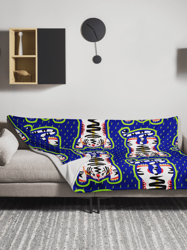 Giant White Electric Tiger Print Blanket on Blue product image (1)