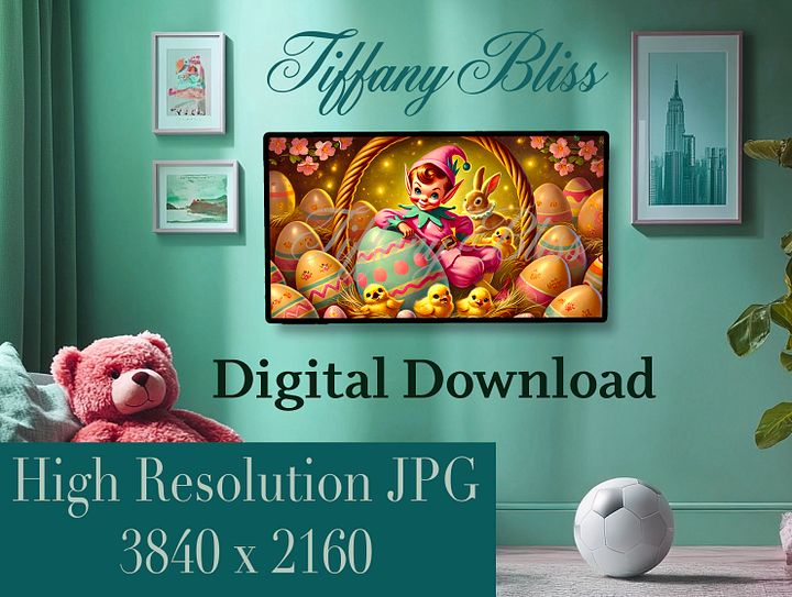 Spring Samsung Frame TV Art, Pink Elf Easter Egg Painting, Retro Art for TV, Vintage-style Easter Decor, product image (2)