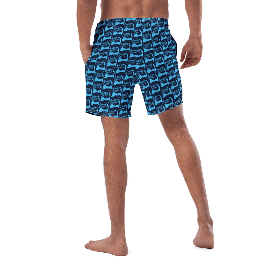 BOURNE to Cape Cod™ All-Over Logo Swim Trunks | Men's UPF 50+ Quick-Dry Coastal Shorts | Deep Sky Blue Logo Repeat Pattern on Navy product image (5)