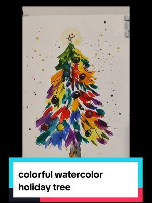 Super fun and colorful holiday Christmas tree! make it in whatever colors you like (I used a whole bunch of colors)! Easy diy holiday greeting card or gift tag, or a fun project.  #beginnerfriendly #christmascard #watercolorart #greetingcard #diy #easychristmascard #easygifttags #holidaycard 