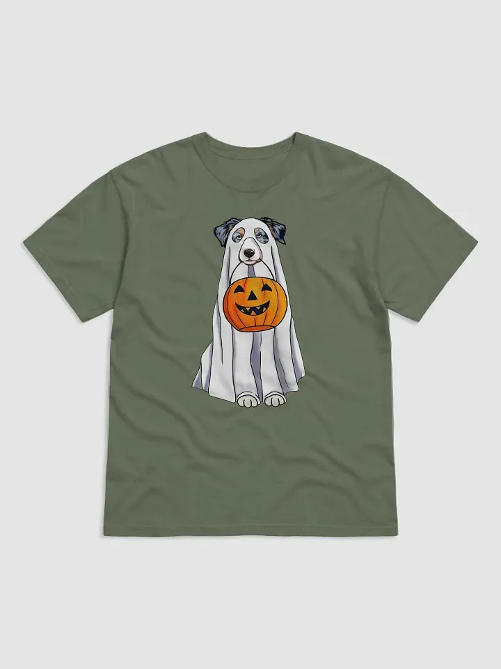 Australian Shepherd Halloween Tee | Funny Halloween Aussie Wearing a Ghost Costume & Pumpkin Basket product image (2)