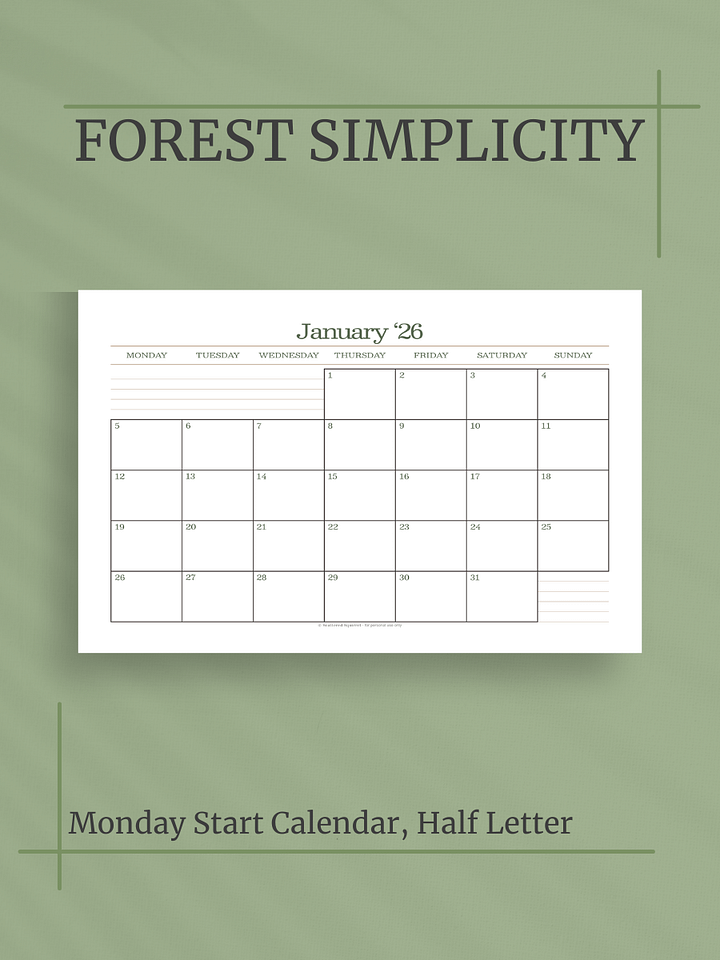 Forest Simplicity 2026 Calendar - Single Page per Month, Monday Start, Half Letter Size product image (1)