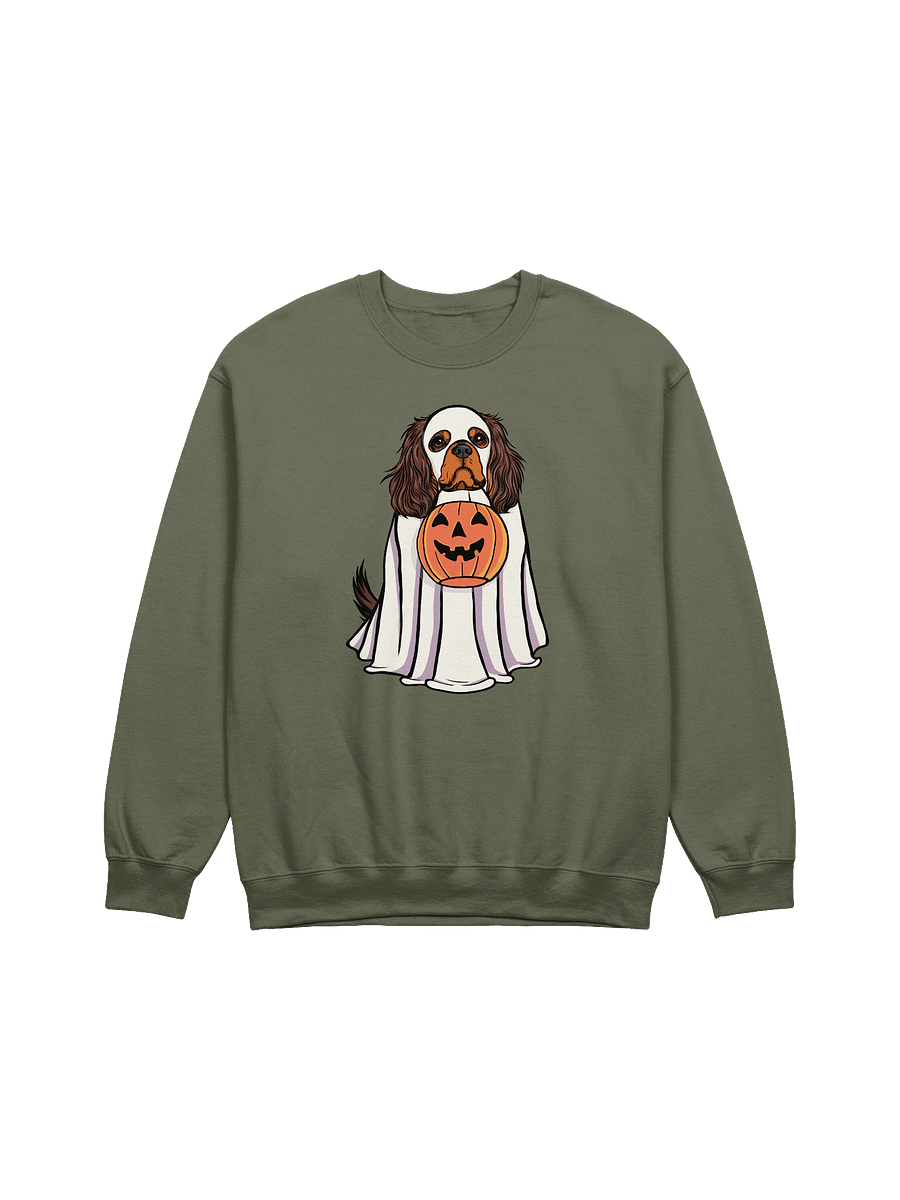 Funny Halloween Cavalier King Charles Spaniel(Brown & Tan) Sweatshirt | Funny Cavalier Wearing a Ghost Costume and Holding a Pumpkin Basket product image (17)