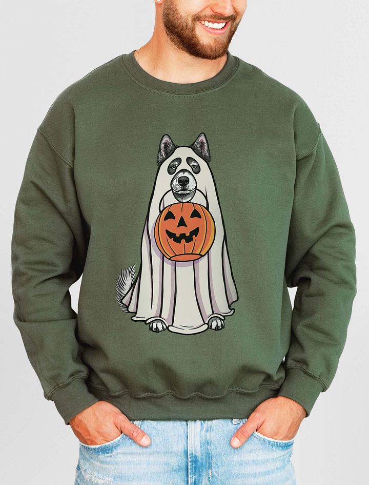 Funny Halloween Alaskan Malamute(Black) Sweatshirt | Funny Dog Wearing a Ghost Costume and Holding a Pumpkin Basket product image (11)
