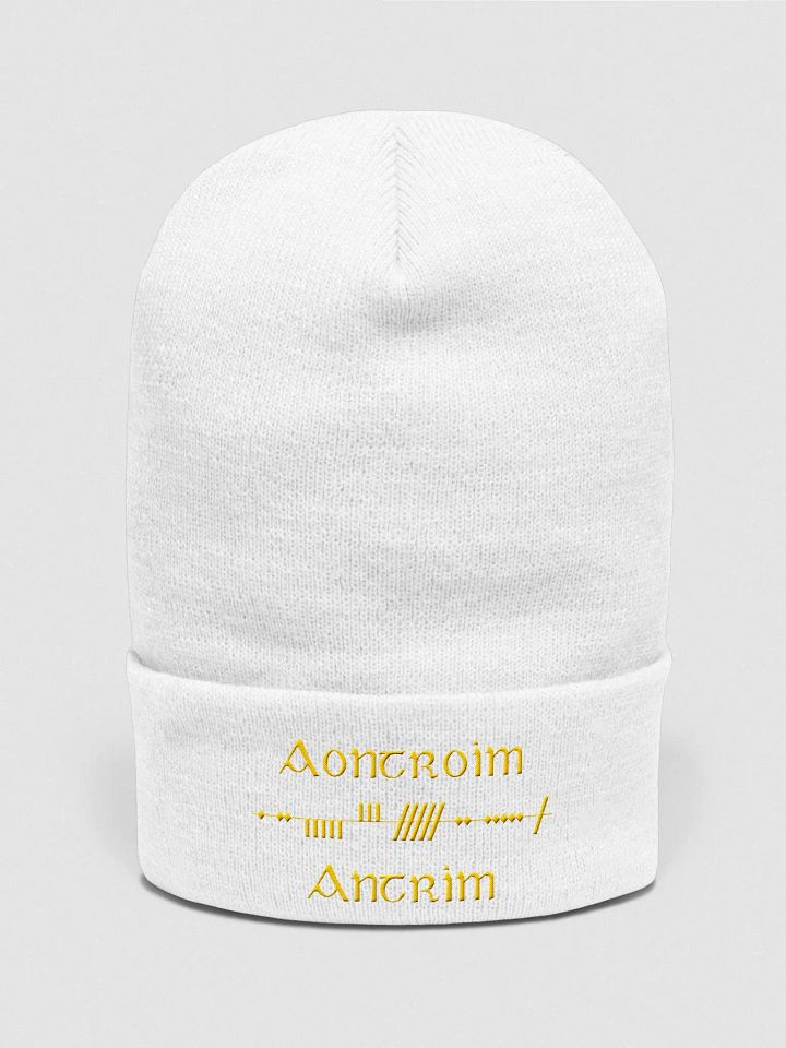Antrim/Aontroim, Scholastic Style Ogham, white with saffron, embroidered Cuffed Beanie product image (1)