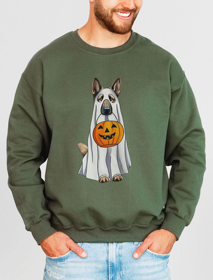 German Shepherd Halloween Sweatshirt | Funny Halloween German Shepherd Wearing a Ghost Costume with Pumpkin Basket product image (19)
