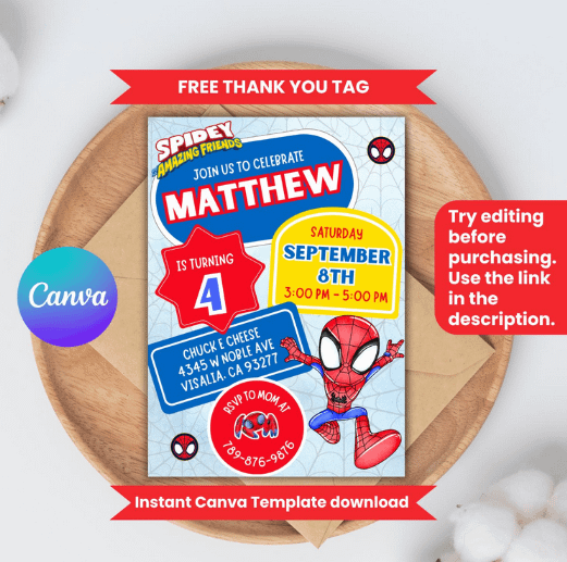 Digital Editable Text Spidey and His Amazing Friends Birthday Invitation - Canva Template - Customizable, Instant Download product image (1)