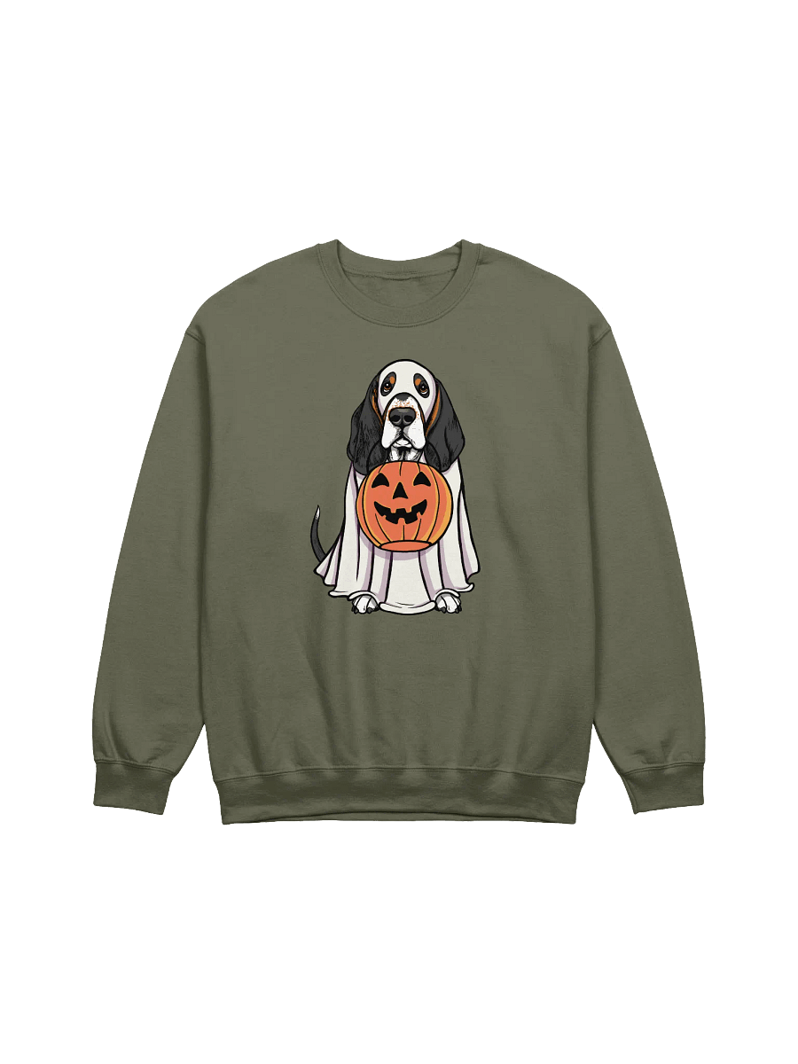 Funny Halloween Basset Hound(Tricolor) Sweatshirt | Funny Basset Hound Wearing a Ghost Costume and Holding a Pumpkin Basket product image (13)