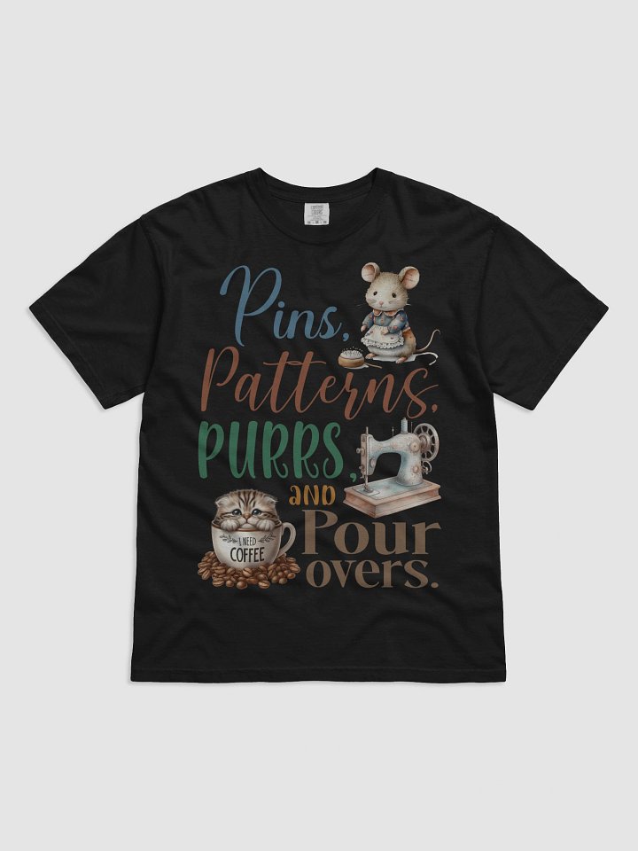 Whimsical Pins Patterns Purrs Coffee Sewing Cat T-Shirt product image (1)