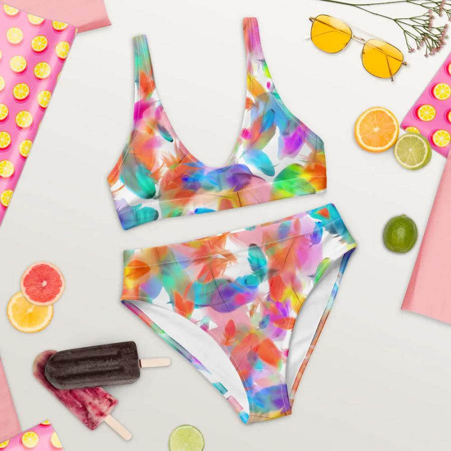 Colorful Feather Pattern Design High Waisted Bikini - v1 product image (9)
