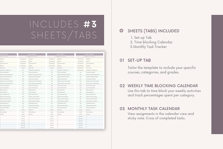 Time Blocking Planner Spreadsheet | Google Sheets Template | 24 Hour Weekly Schedule | Time Blocking Digital Planner | Monthly Task Calendar product image (2)