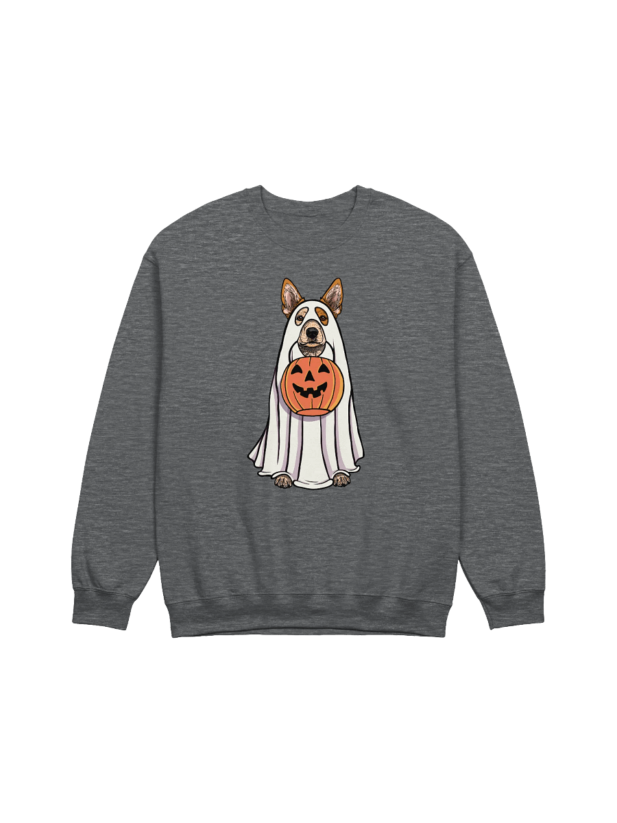 Funny Halloween Australian Cattle Dog Sweatshirt | Funny Red Heeler Wearing a Ghost Costume and Holding a Pumpkin Basket product image (7)