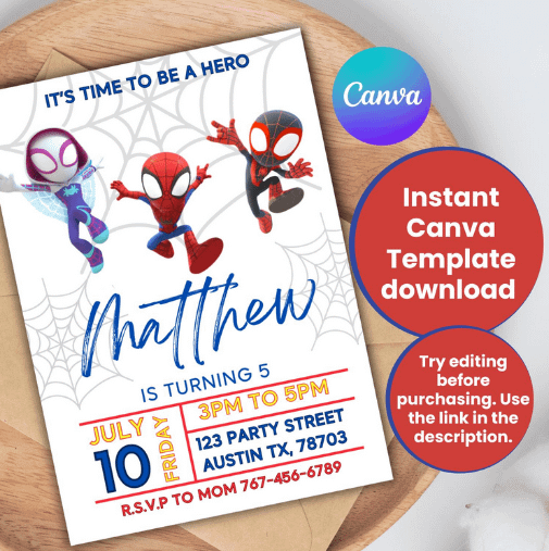 Spidey Birthday Invitation – Exciting Spider Hero Theme | Instant Canva Template Download product image (1)