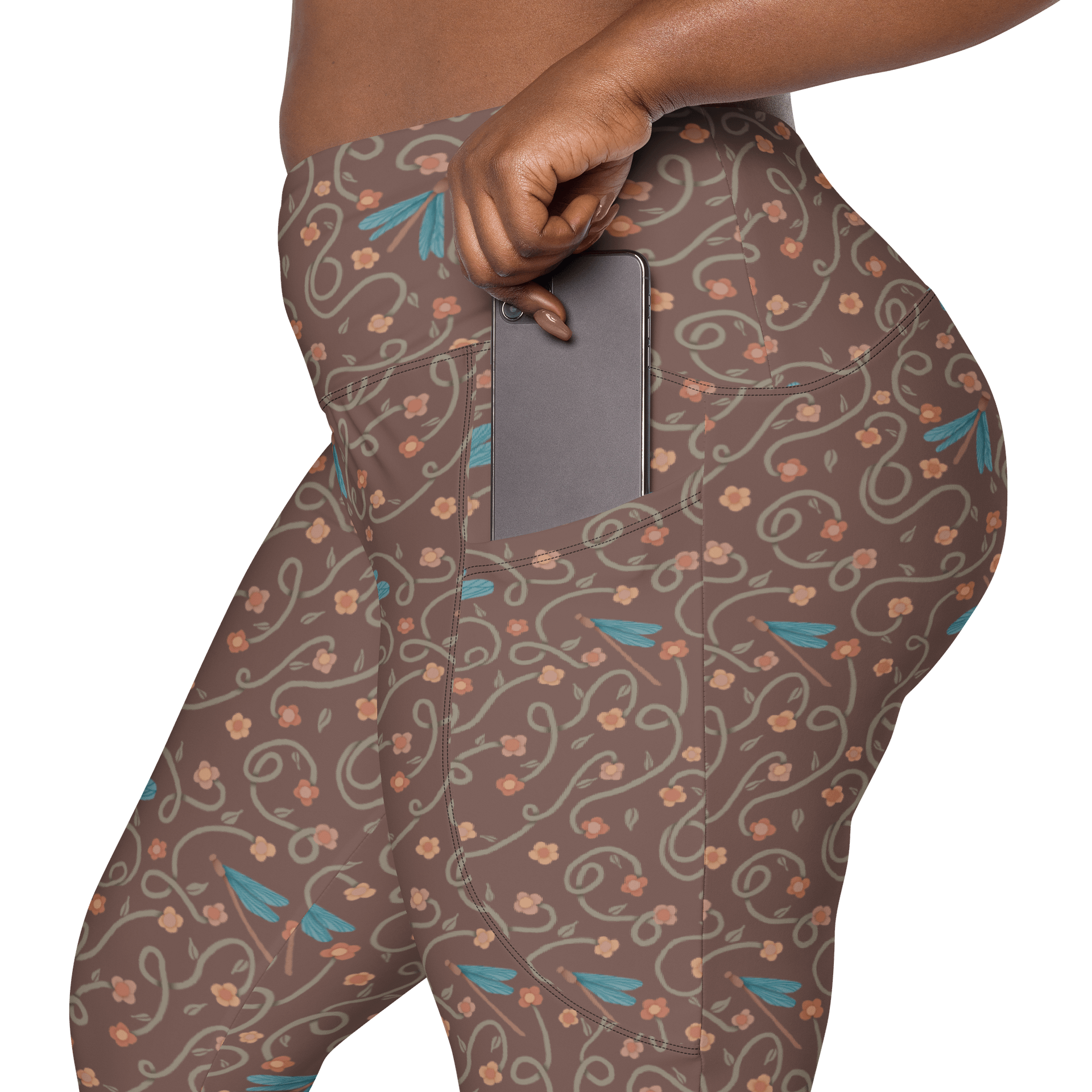 All-Over print leggings with pockets. Dragonfly and floral artistic activewear product image (6)
