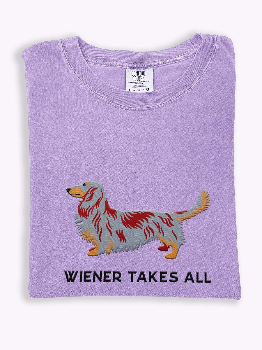 Wiener Takes All T-Shirt(Embroidered) of a Longhaired Dachshund(Red Dapple) product image (1)