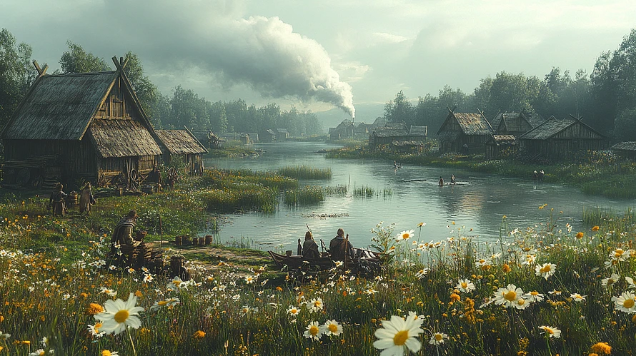 Viking farmers and craftsmen working in a Scandinavian village