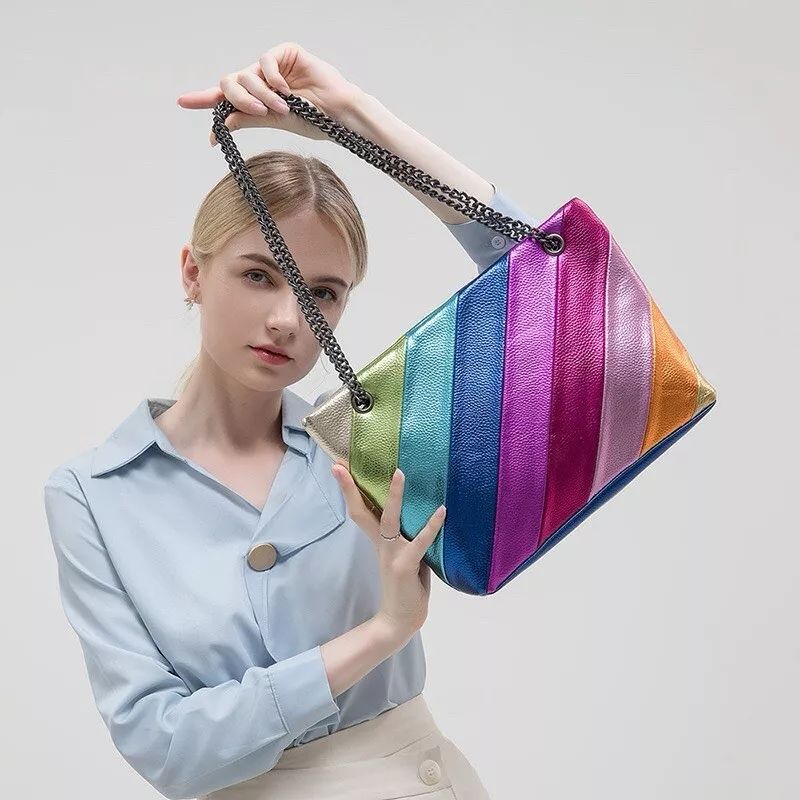 Women's bags contrast color stitching chain messenger bag rainbow shoulder bag product image (4)