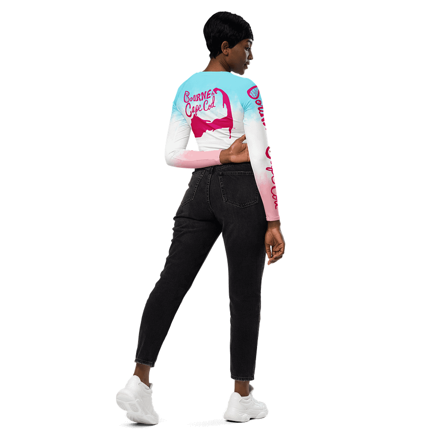 BOURNE to Cape Cod™ Crop Top | BRN.2C.C.™ Coastal Bold | Recycled Long Sleeve Statement Wear 🌊💃☀️ | Vibrant Pink Logos on Patriotic Pastels product image (5)