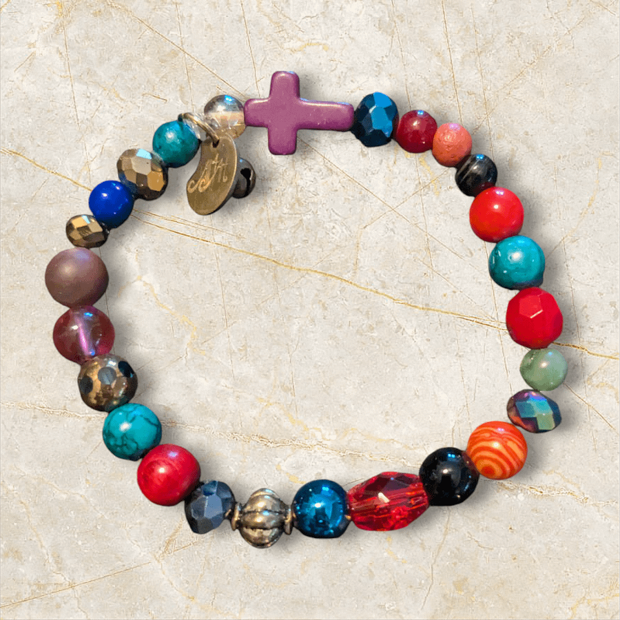Handmade Multi Color Bracelet with Purple Cross & Bell product image (1)