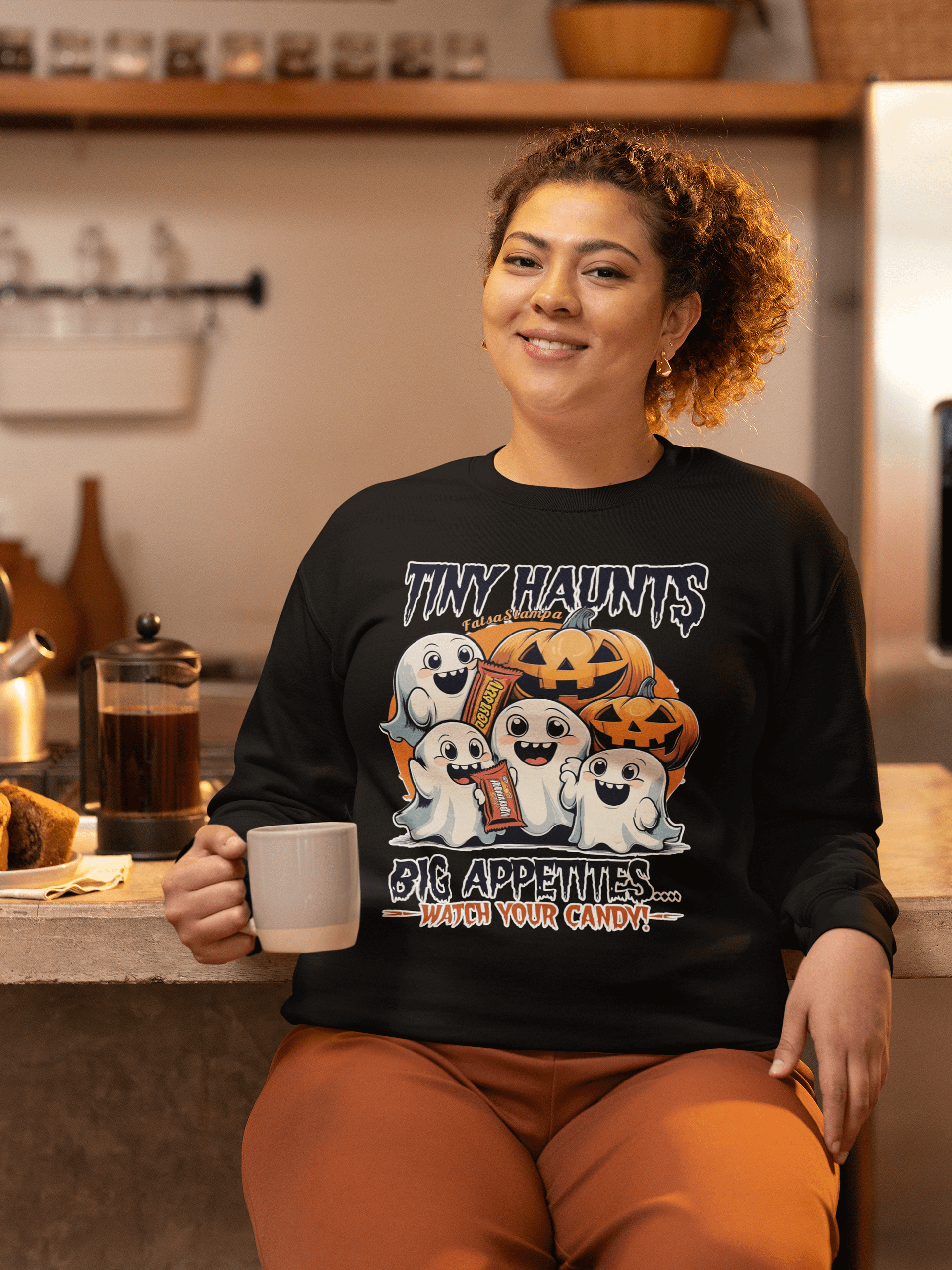 Tiny Haunted Bites: Cute Ghost Squad Guarding Halloween Candy Premium Sweatshirt product image (2)