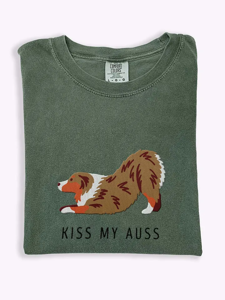 Kiss My Auss(2) T-Shirt(Embroidered) of an Australian Shepherd(Red Merle) product image (1)