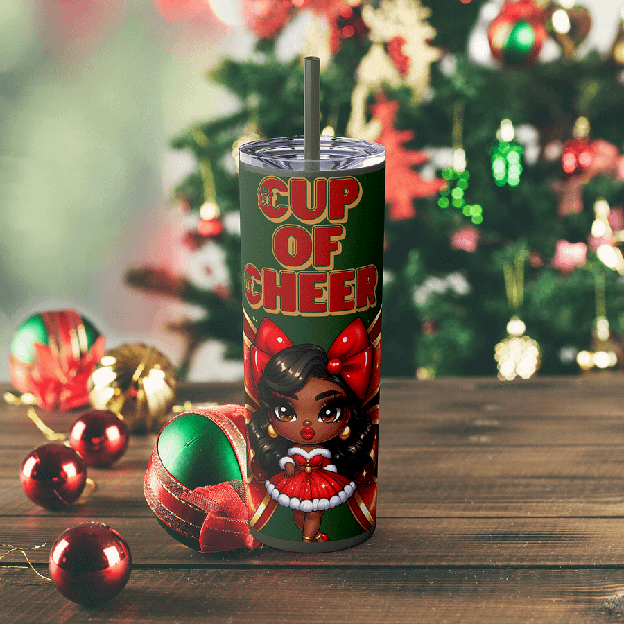 Cup of Cheer Design, Christmas Tumbler Wrap Digital Download, Brown Holiday Doll Art, 20oz Sublimation Design, Festive Holiday Wrap PNG product image (1)