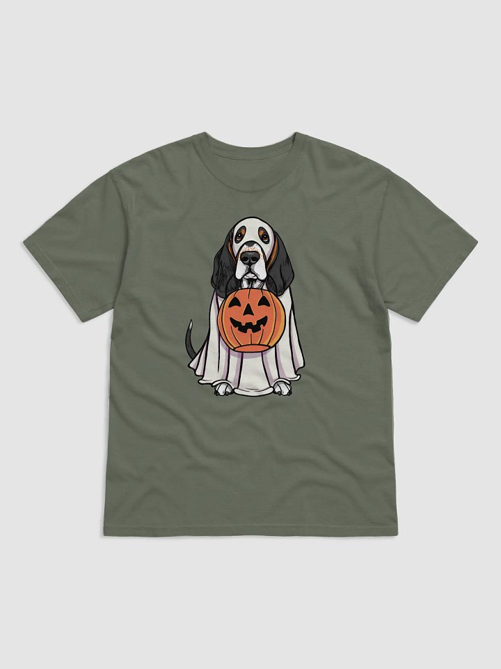 Funny Halloween Basset Hound(Tricolor) T-Shirt | Funny Basset Hound Wearing a Ghost Costume and Holding a Pumpkin Basket product image (1)