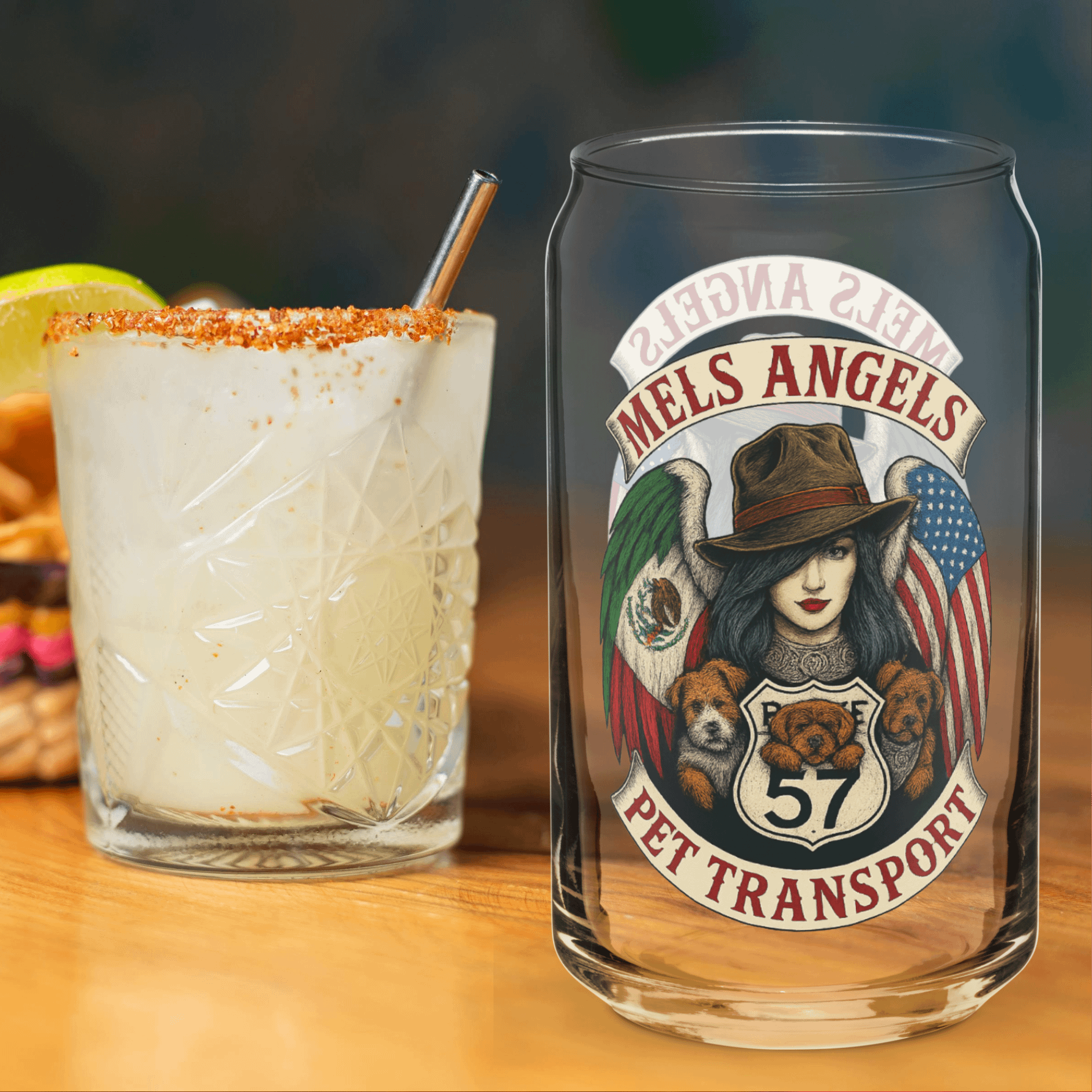 Mels Angels Pet Transport Can-Shaped Glass – Mexican American Route 57 Design product image (3)