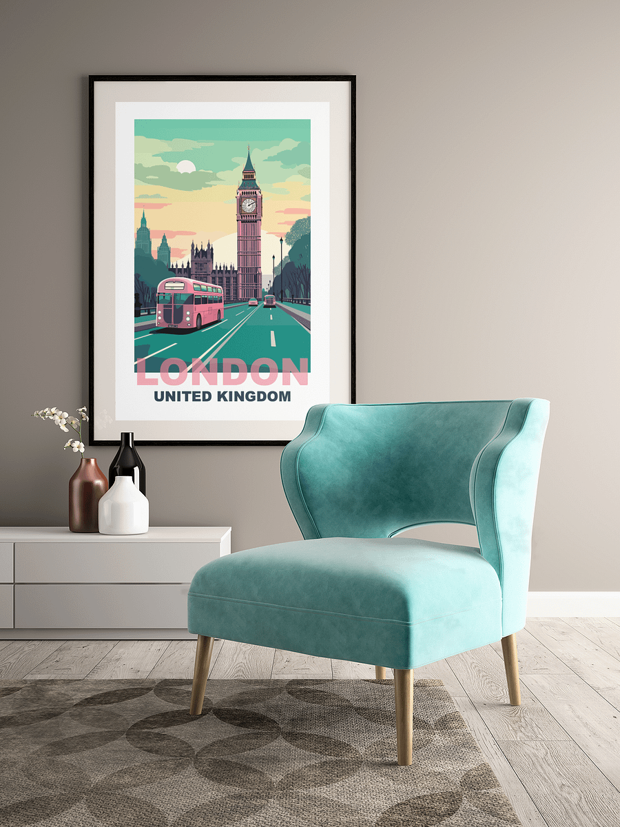 Classic London Cityscape Poster with Iconic Red Bus, Big Ben Sunrise Print, United Kingdom Urban Art, British Travel Wall Decor product image (4)