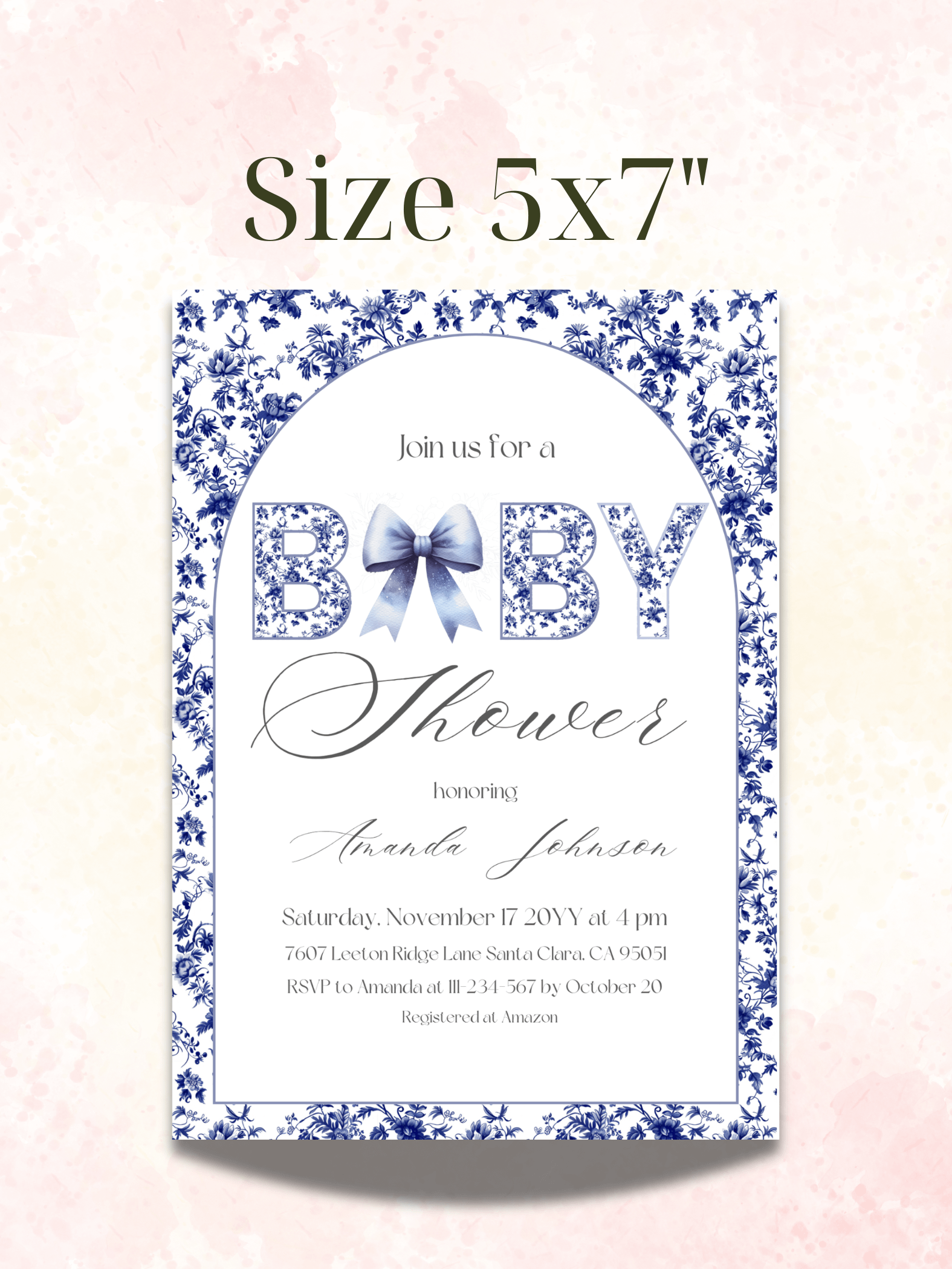Blue Toile de Jouy and Bow Baby Shower Invitation, Chinoiserie Floral Theme, Boy Baby Shower Invite for Digital Download product image (4)