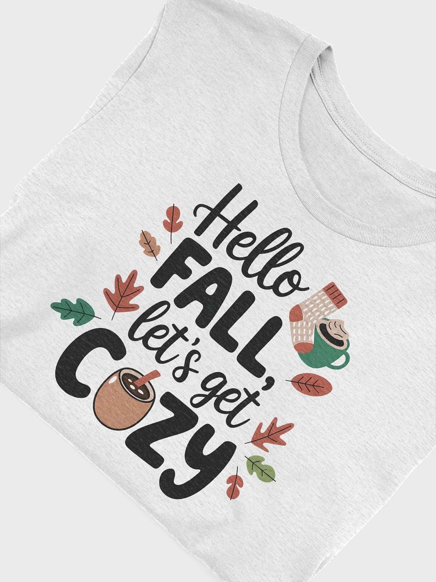 Hello FALL, let’s get COZY” t-shirt, Unique fall fashion, Cozy knit illustrations, Fun gifts for autumn lovers, Autumn-inspired t-shirt, Cozy vibes apparel, Playful motivational message, gift idea product image (5)