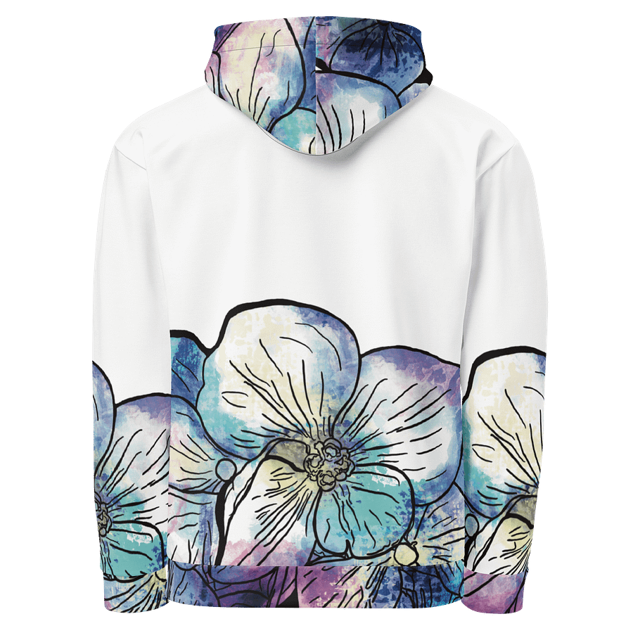 🌸 Coastal Bloom | Hydrangeas on White Hoodie | Monique Faella Designs™ | Unisex Floral Sweatshirt | Artful Botanical Fashion product image (3)