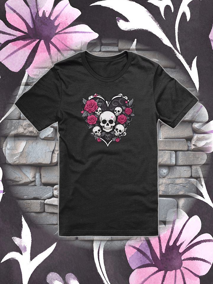 Black Heart With Skulls and Pink Roses T-shirt product image (1)