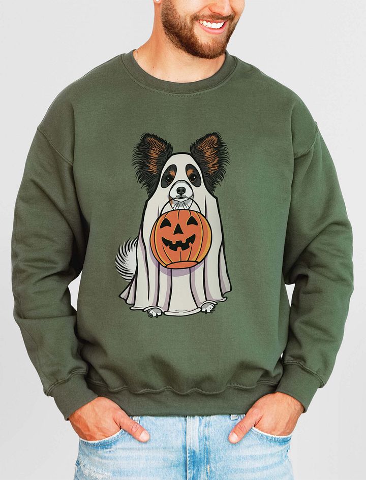 Funny Halloween Papillon(Tricolor) Sweatshirt | Funny Papillon Wearing a Ghost Costume and Holding a Pumpkin Basket product image (11)