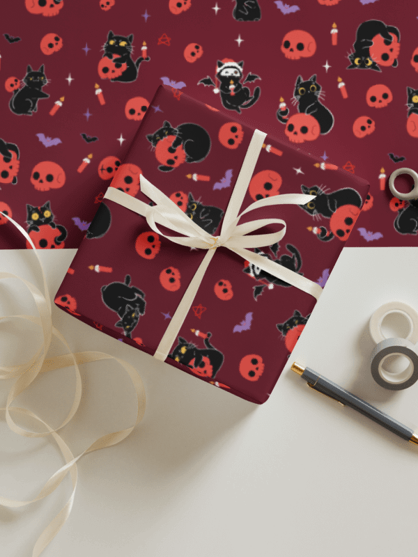 Gothic Christmas cat tree wrapping paper -red product image (1)