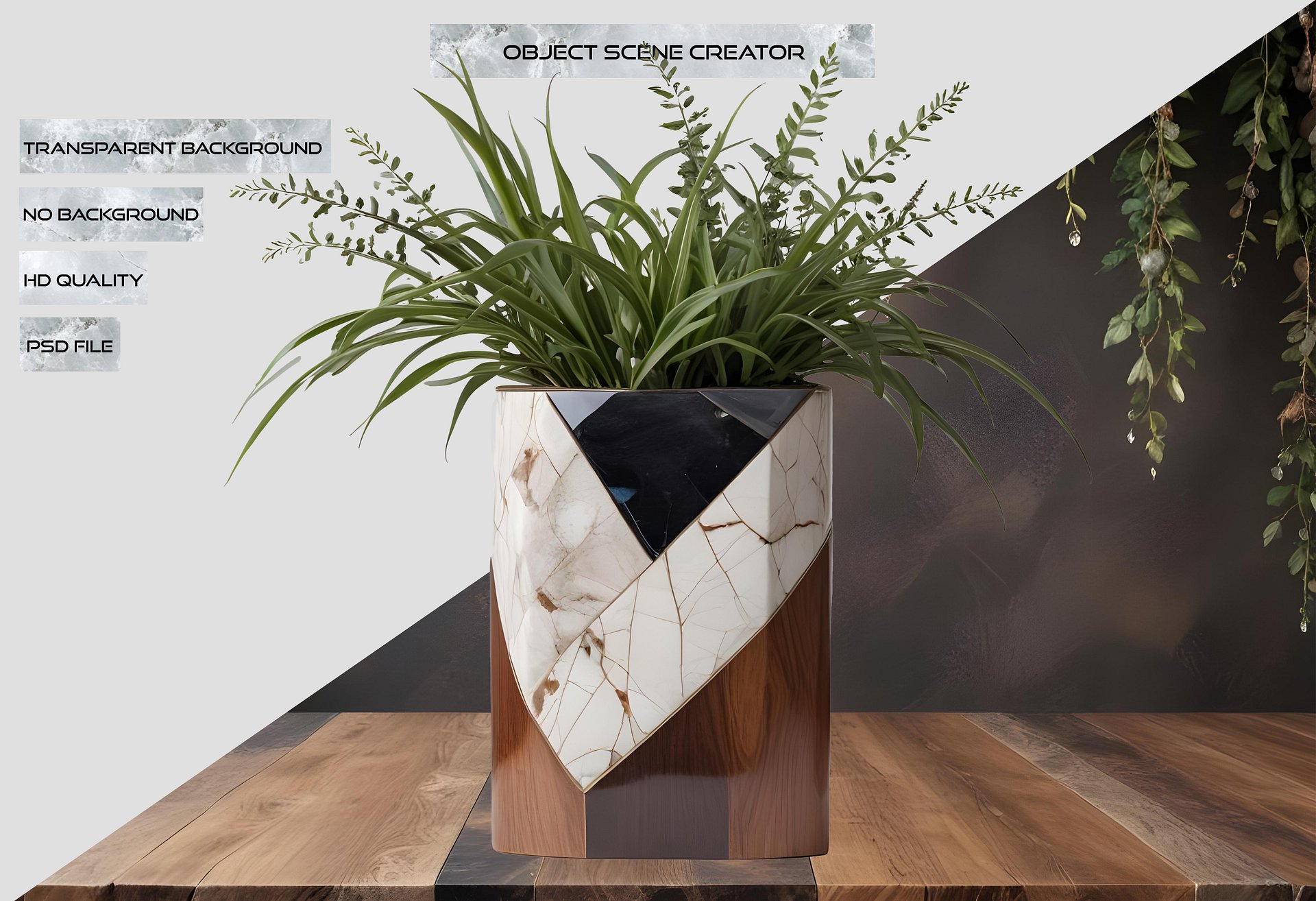 Dream of Eternity Collection – Geometric Marble and Wood Planter – PNG product image (2)