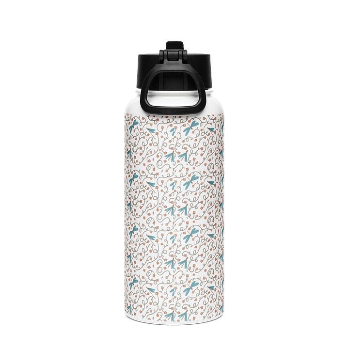 Stainless steel water bottle with straw lid. Dragonfly and floral artistic design product image (2)